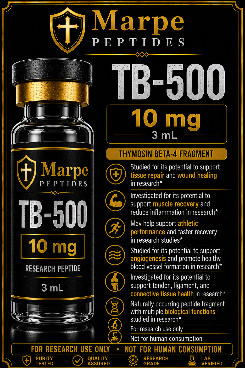 TB-500 is a synthetic peptide that promotes tissue repair, accelerates healing, reduces inflammation, and improves mobility by enhancing cell migration and angiogenesis.