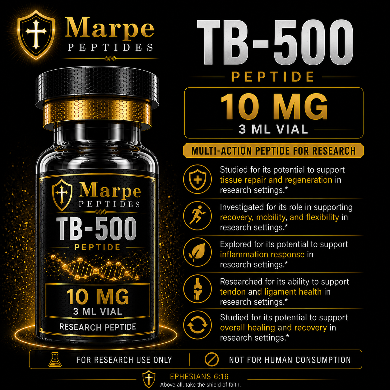 TB-500 is a synthetic peptide that promotes tissue repair, accelerates healing, reduces inflammation, and improves mobility by enhancing cell migration and angiogenesis.